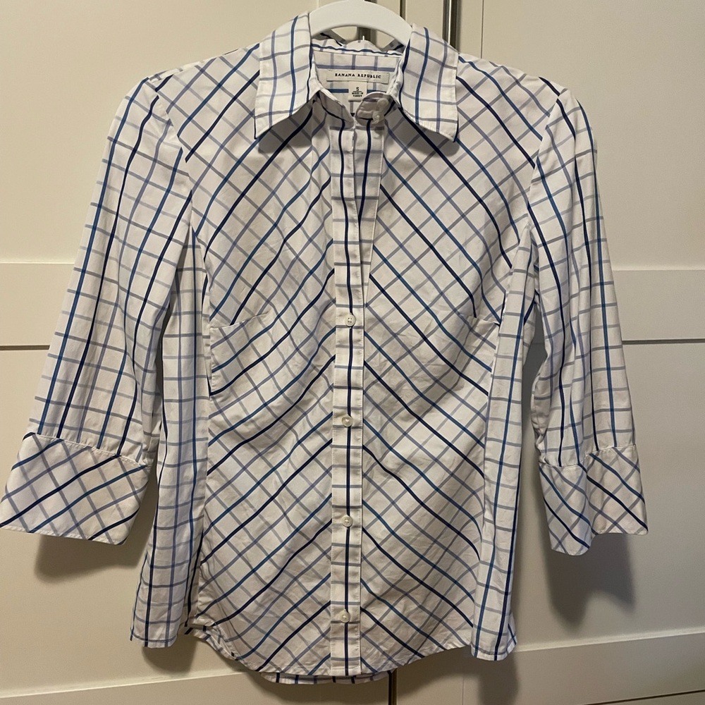 Banana Republic White and Blue Plaid Shirt